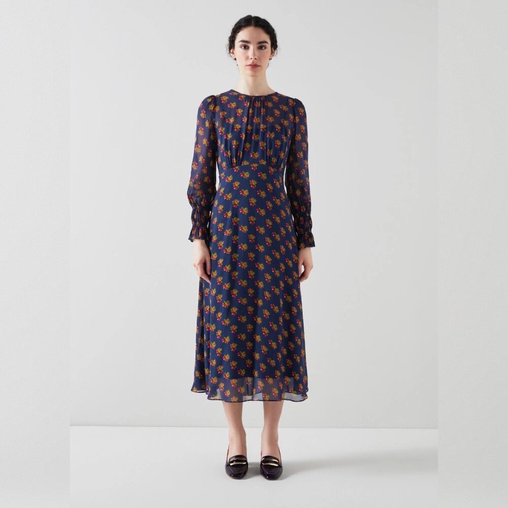 LK BENNETT Wren Blu-navy Multi Crewneck Floral-print Woven Midi Dress Sz 8